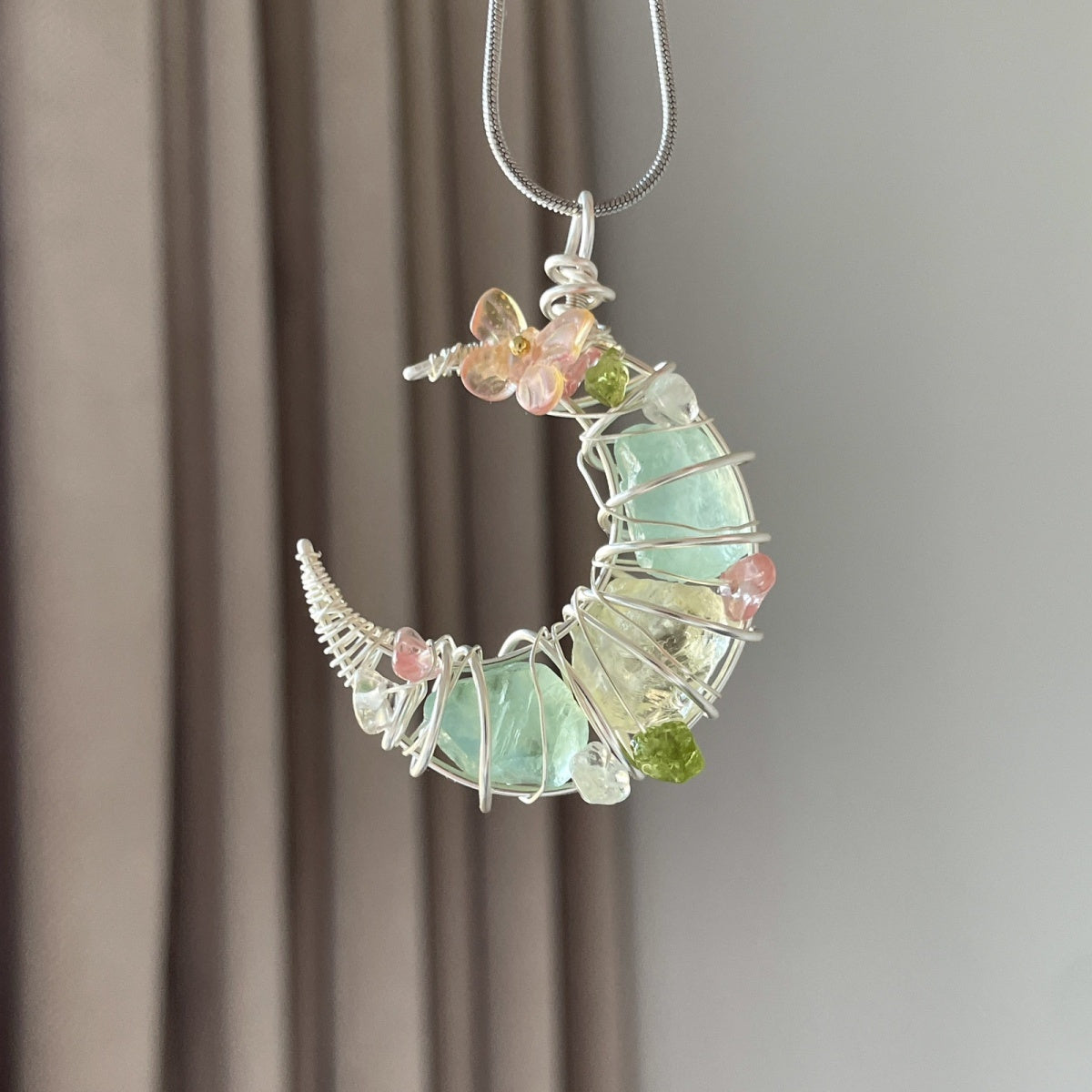 Hand-Wound Crystal Pendant Necklace (Moon)